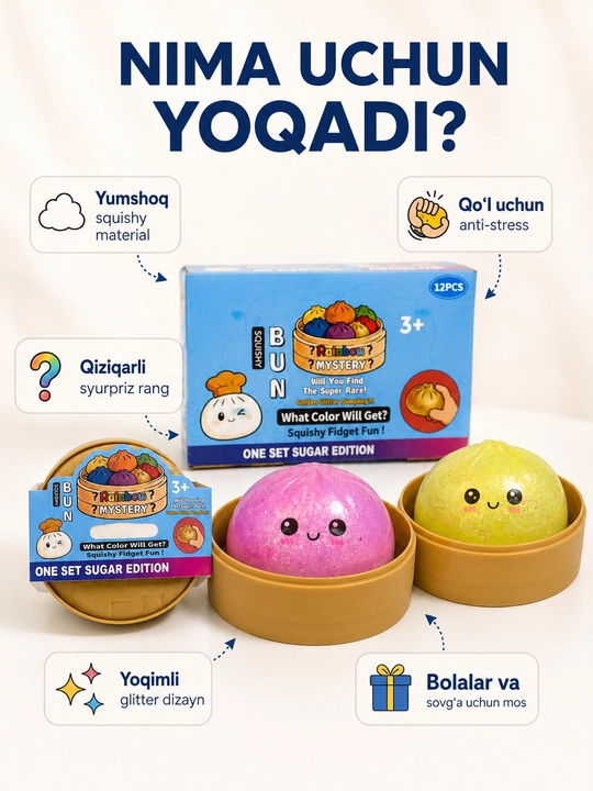 Skvishi BUN Rainbow Mystery anti-stress o‘yinchoq, syurpriz rangli yumshoq dumpling, 1 dona