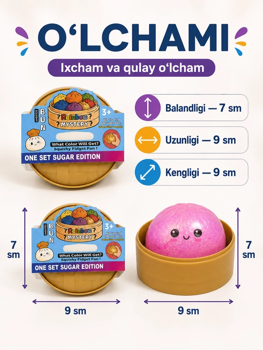 Skvishi BUN Rainbow Mystery anti-stress o‘yinchoq, syurpriz rangli yumshoq dumpling, 1 dona