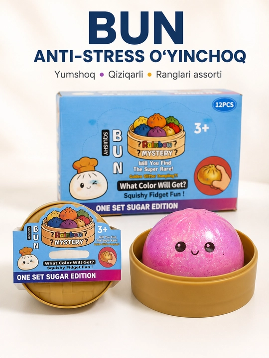 Skvishi BUN Rainbow Mystery anti-stress o‘yinchoq, syurpriz rangli yumshoq dumpling, 1 dona - 