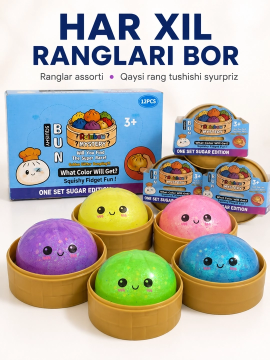 Skvishi BUN Rainbow Mystery anti-stress o‘yinchoq, syurpriz rangli yumshoq dumpling, 1 dona