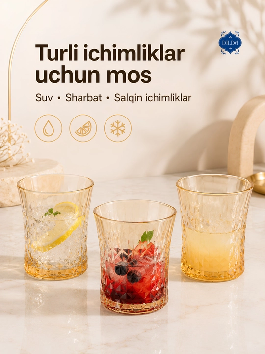 Rangli shisha stakanlar to‘plami, 6 dona, 330 ml, suv, sharbat va sovuq ichimliklar uchun