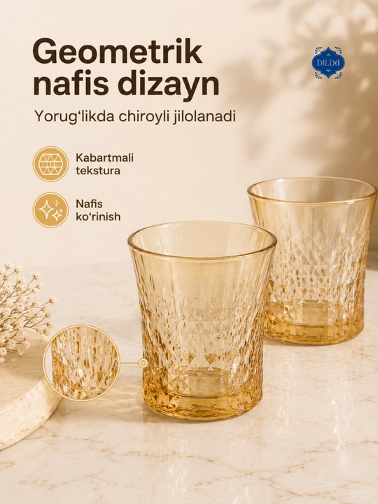 Rangli shisha stakanlar to‘plami, 6 dona, 330 ml, suv, sharbat va sovuq ichimliklar uchun