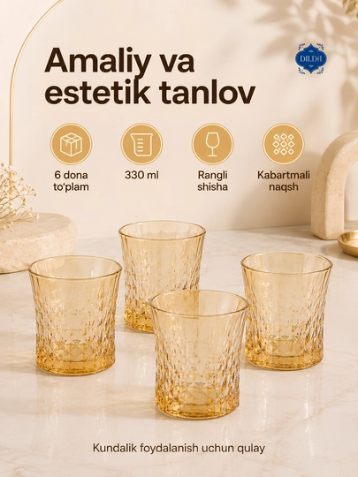 Rangli shisha stakanlar to‘plami, 6 dona, 330 ml, suv, sharbat va sovuq ichimliklar uchun
