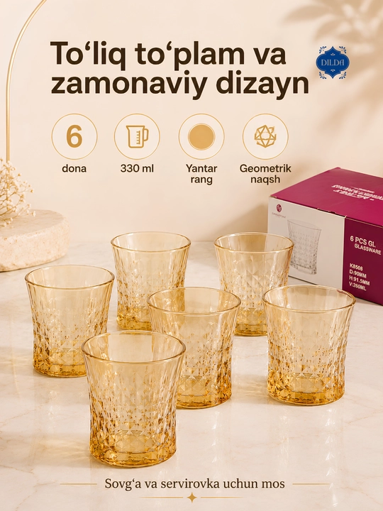 Rangli shisha stakanlar to‘plami, 6 dona, 330 ml, suv, sharbat va sovuq ichimliklar uchun