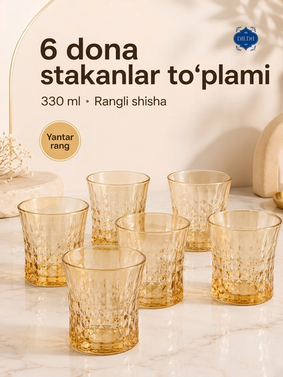 Rangli shisha stakanlar to‘plami, 6 dona, 330 ml, suv, sharbat va sovuq ichimliklar uchun