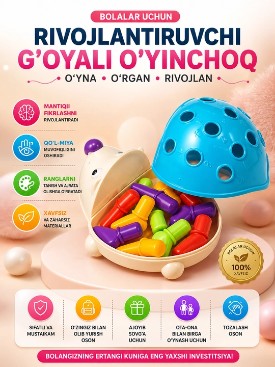 Tipratikan bolalar uchun Kirpi Montessori O'yinchog'i. Ranglarni Saralash Motorika O'yini