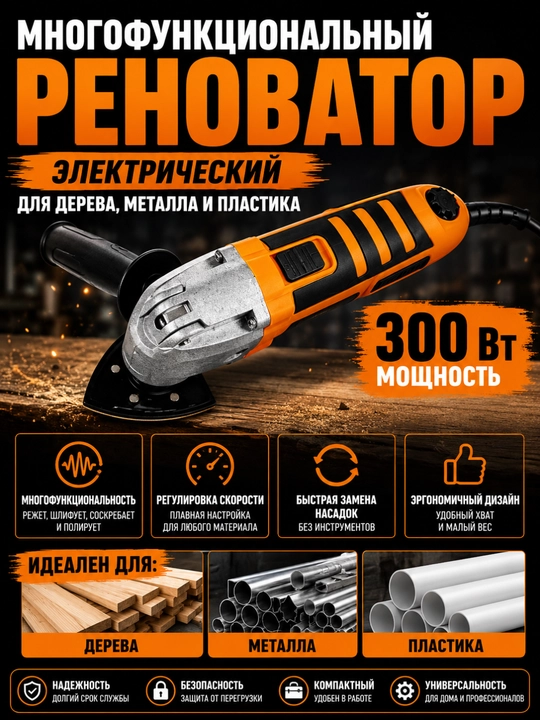 Многофункциональный электрический реноватор 300 Вт для дерева, металла и пластика - 