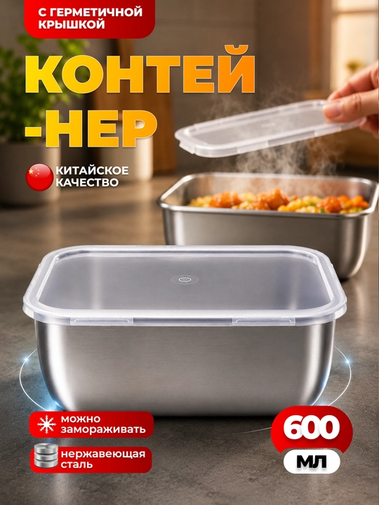 Zanglamaydigan po'latdan tayyorlangan oziq-ovqat saqlash konteyneri, qopqoqli 5/10 dona - 