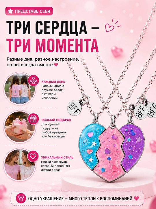 Набор кулонов BFF «Сердце дружбы» для 3 подруг, 3 части