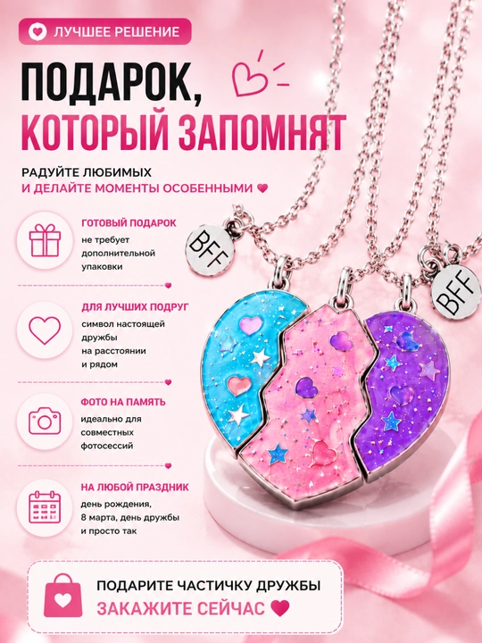 Набор кулонов BFF «Сердце дружбы» для 3 подруг, 3 части