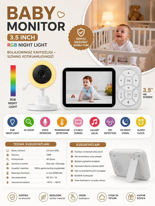 Simsiz videoenaga baby monitor, 3.5" HD ekran, tungi ko'rish va yig'i datchigi bilan