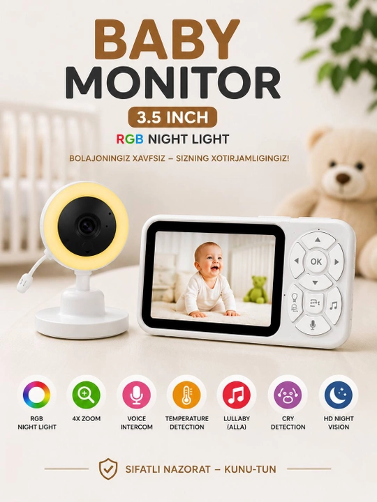 Simsiz videoenaga baby monitor, 3.5" HD ekran, tungi ko'rish va yig'i datchigi bilan - 