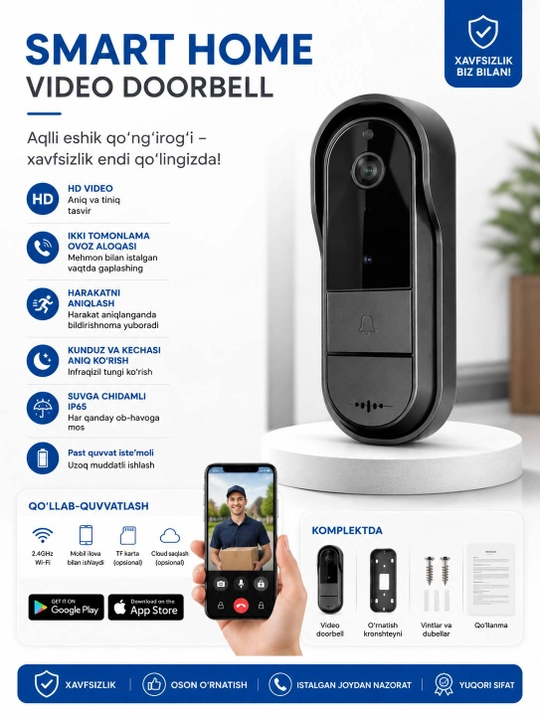 Wi-Fi aqlli video qo'ng'iroq Smart Home Doorbell, tungi ko'rish va harakat sensori bilan