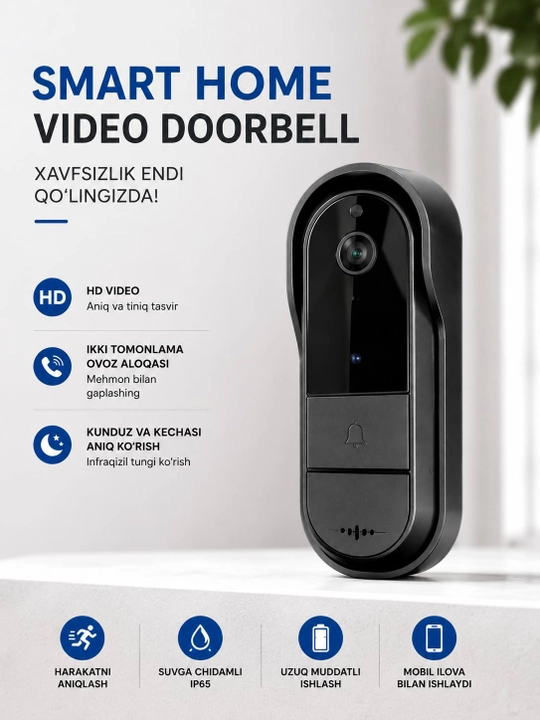 Wi-Fi aqlli video qo'ng'iroq Smart Home Doorbell, tungi ko'rish va harakat sensori bilan - 