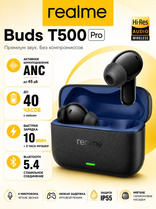 Realme Buds T500 Pro беспроводные наушники,ANC,Hi-Res Audio, Bluetooth 5.4, 40 часов, IP55 - 