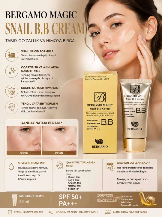Ko'p funktsiyali tonal ВВ kremi Bergamo Crome Snail SPF 50+, oqartiruvchi, 50 ml - 