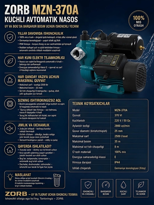 Suv nasosi MOON MZN-370А Avtomatik, 100%MIS Obvodka