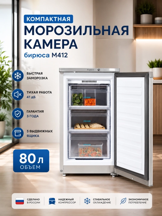 Biryusa M412 muzlatgich kamerasi, 80 litr — ixcham va ishonchli yechim