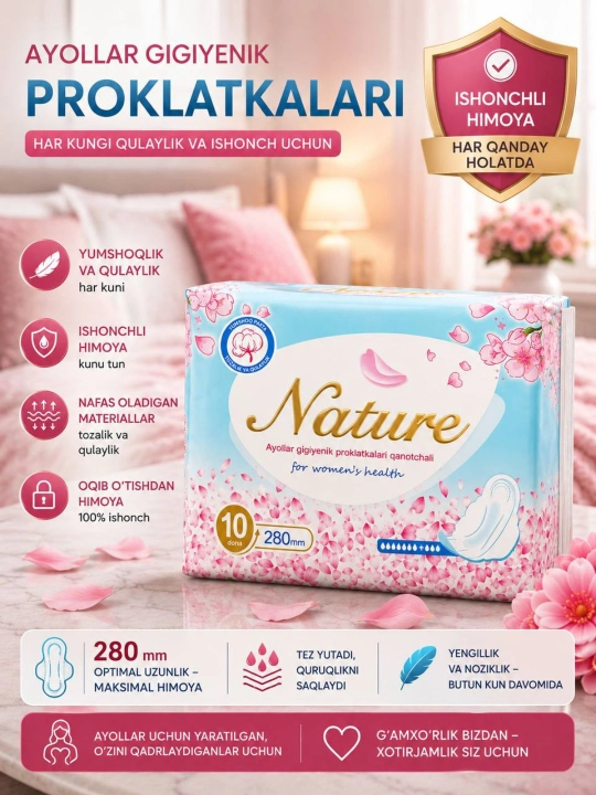 Ayollar uchun gigiyenik prokladkalar, ishonchli himoya, tez shimuvchi, 280 mm, 10 dona