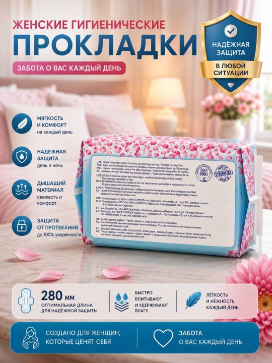 Ayollar uchun gigiyenik prokladkalar, ishonchli himoya, tez shimuvchi, 280 mm, 10 dona