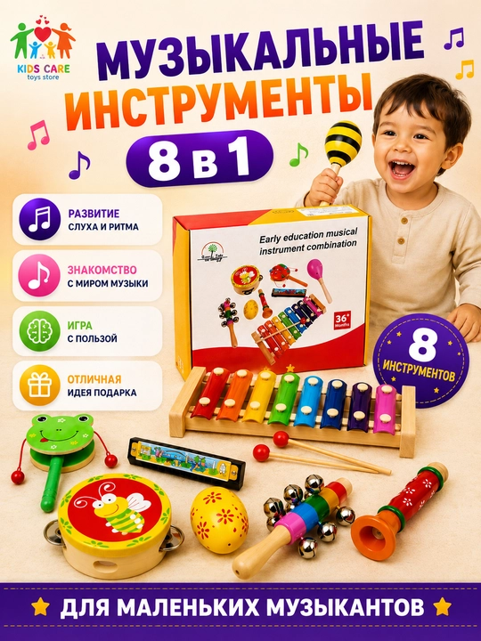 Детские музыкальные инструменты 8 в 1, ксилофон, маракас, гармошка, дудочка - 