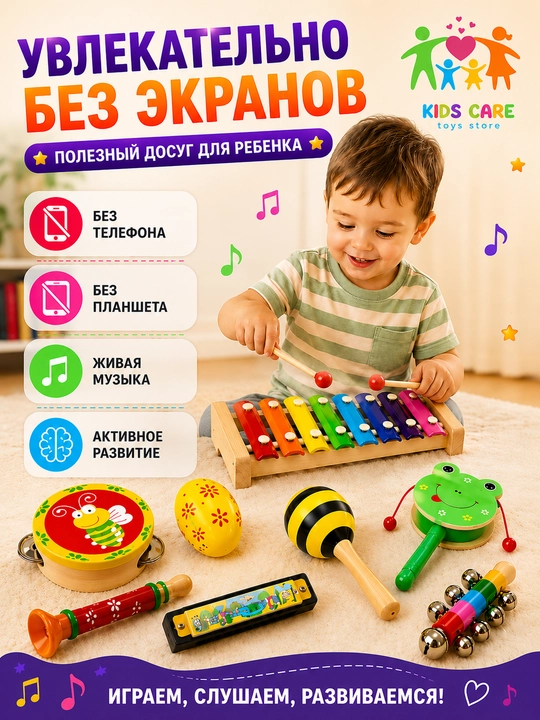 Bolalar musiqa asboblari 8 tasi 1 da, ksilofon, garmoshka, marakas, quvur
