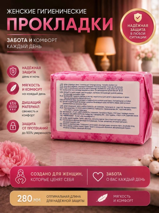 Ayollar uchun gigiyenik prokladkalar, ishonchli himoya, tez shimuvchi, 280 mm, 10 dona