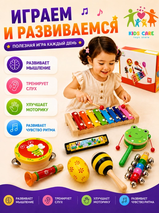 Bolalar musiqa asboblari 8 tasi 1 da, ksilofon, garmoshka, marakas, quvur