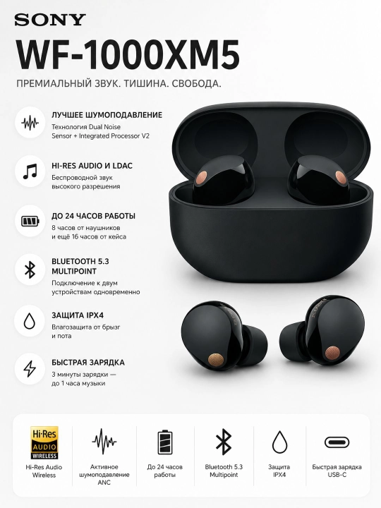Sony WF-1000XM5 беспроводные наушники ANC, Hi-Res, Bluetooth, кейс - 