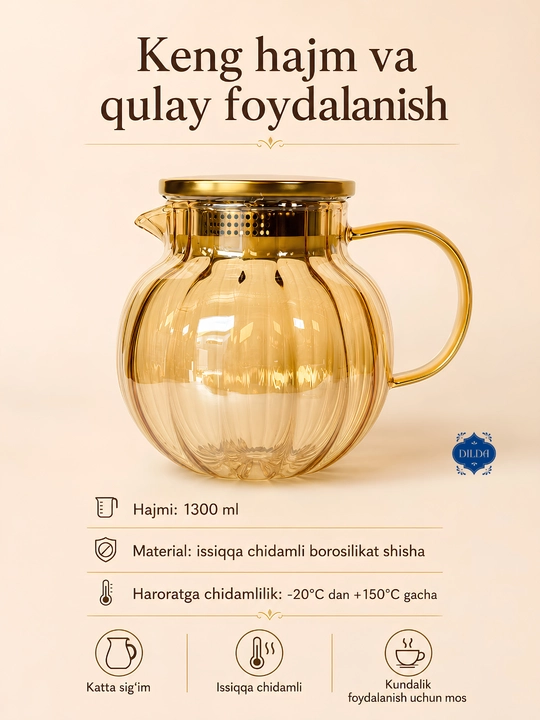 Issiq va sovuq ichimliklar uchun 1300 ml hajmli metall filtrli shisha choynak, 1 dona