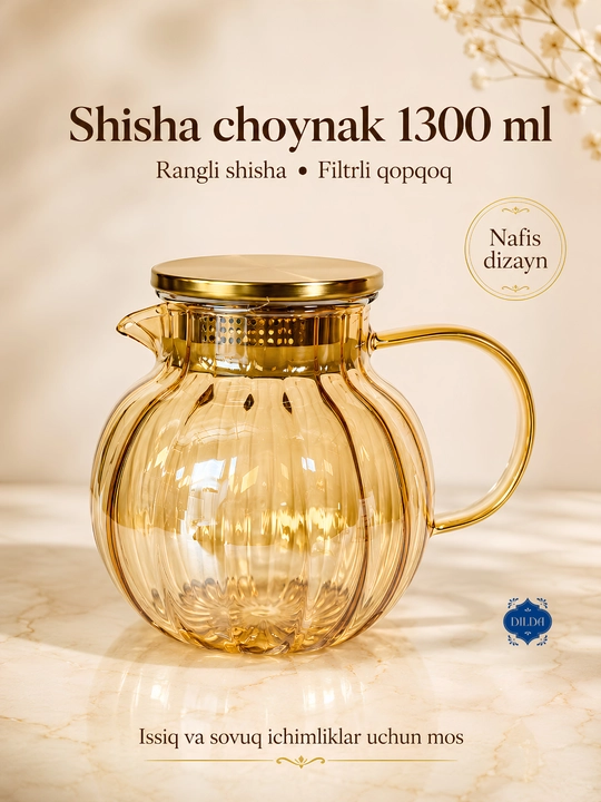 Issiq va sovuq ichimliklar uchun 1300 ml hajmli metall filtrli shisha choynak, 1 dona