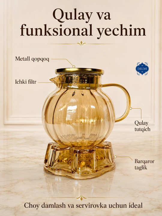Issiq va sovuq ichimliklar uchun 1300 ml hajmli metall filtrli shisha choynak, 1 dona
