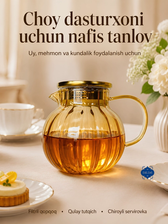 Issiq va sovuq ichimliklar uchun 1300 ml hajmli metall filtrli shisha choynak, 1 dona