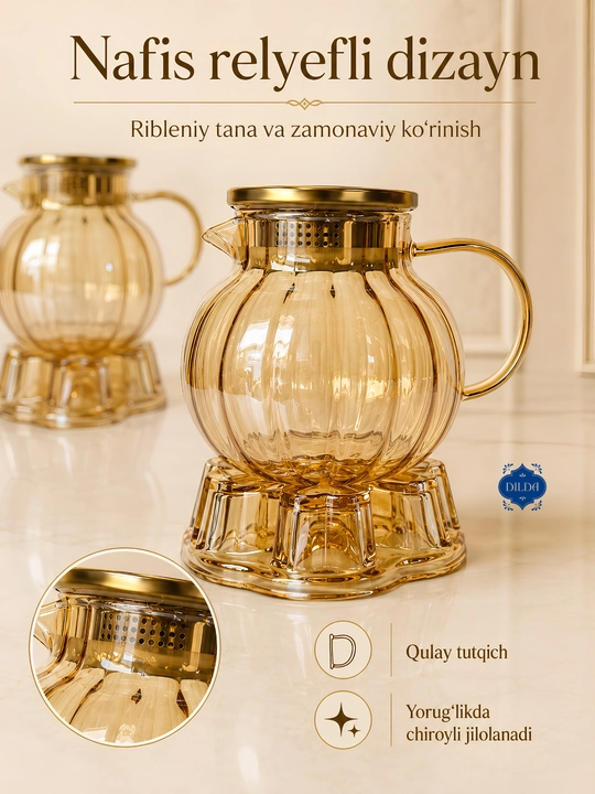 Issiq va sovuq ichimliklar uchun 1300 ml hajmli metall filtrli shisha choynak, 1 dona