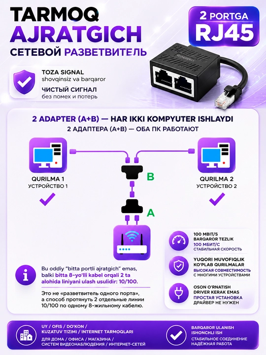 Соединитель LAN кабеля RJ45 - RJ45, разветвитель двух компьютерных кабелей