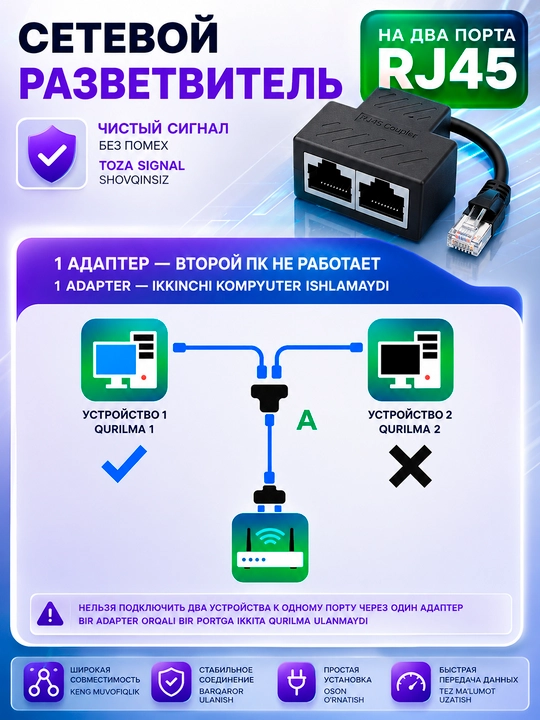 Соединитель LAN кабеля RJ45 - RJ45, разветвитель двух компьютерных кабелей