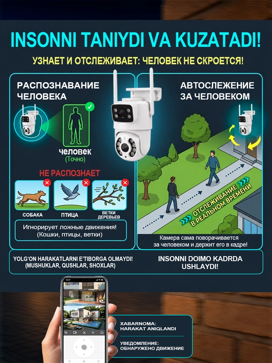 Aqlli PTZ kamera ko‘cha va uy uchun Wi-Fi kuzatuv kamerasi