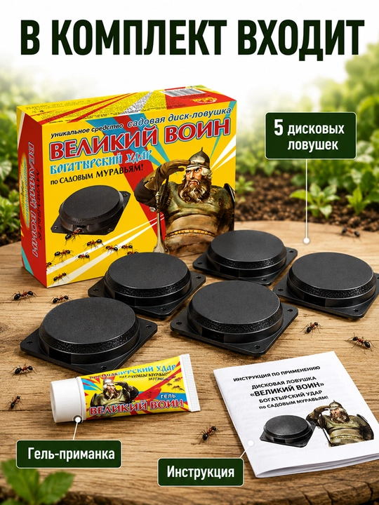 Ловушка для садовых муравьев Великий Воин, дисковая приманка 5 шт. с гелем