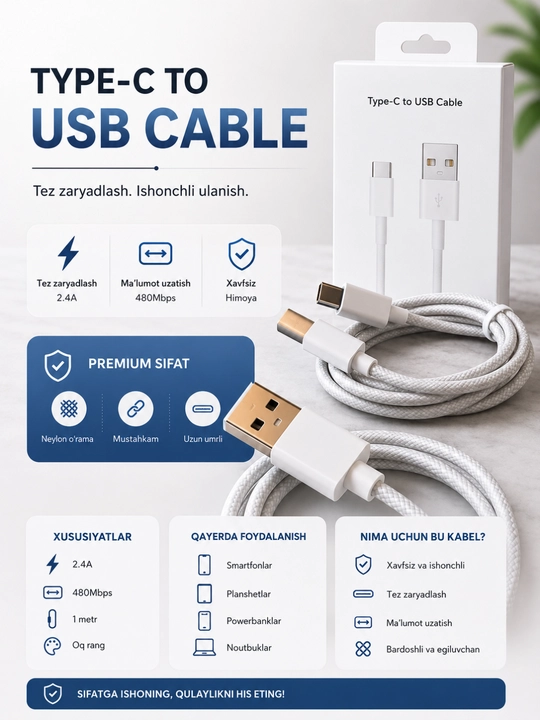 Кабель USB Type-C to USB, 1 м, Усиленная тканевая оплётка, Быстрая зарядка - 