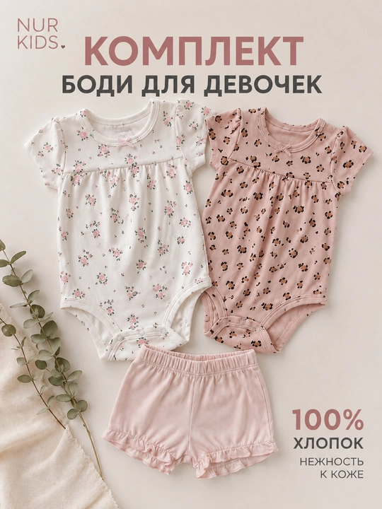 Летний комплект для девочки, 2 штуки боди и шорты, 100% хлопок - 