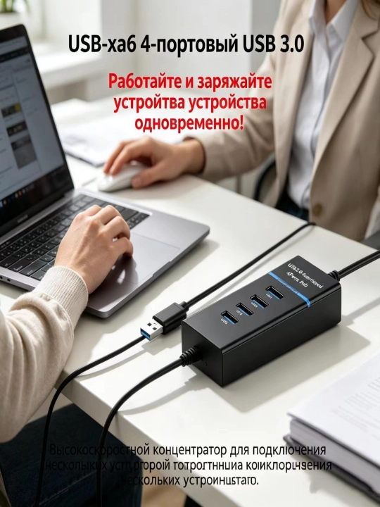 4-портовый USB 3.0 хаб - высокая скорость, кабель 120см, стабильная работа