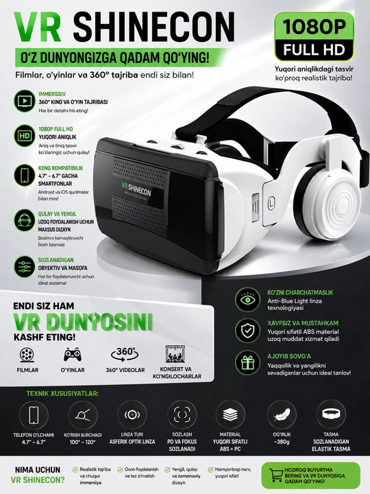 Virtual Ko'zoynak, VR Box Shinecon SC-G12, G06EB, Smartfonlar uchun 3D