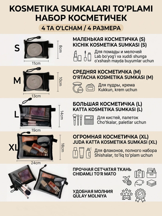 Набор косметичек-органайзеров, дорожная сетчатая сумка (4 в 1) - 
