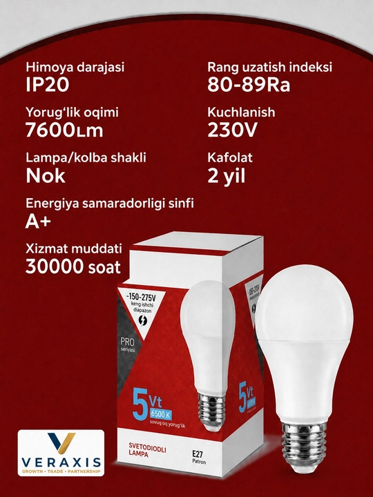 E27 15W yorug‘lik diodli lampa, energiya tejamkor 6000K/4000K, A+ va A60 lampochkalari