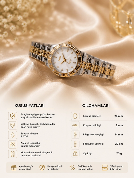 Ayollar qo'l soati, ikki rangli, metall bilaguzuk, kvarts, nafis, klassik dizayn