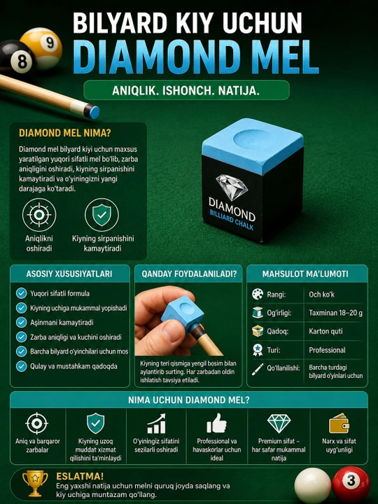 Diamond Billiard Chalk Professional bilyard to‘pi uchun bo‘r, ko‘k - 