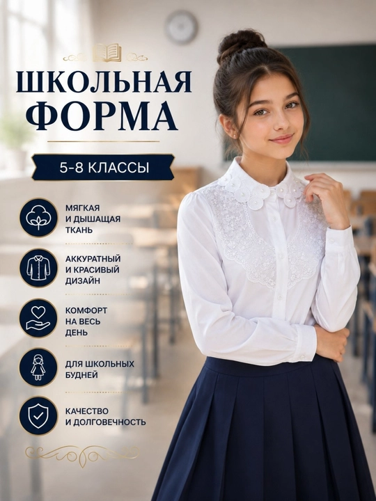 Школьная блузка для девочек, с кружевным воротником и с длинным рукавом, 5–8 классы