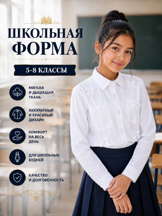 Школьная блузка для девочек, с кружевным воротником и с длинным рукавом, 5–8 классы