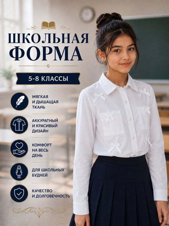 Школьная блузка для девочек, с кружевным воротником и с длинным рукавом, 5–8 классы