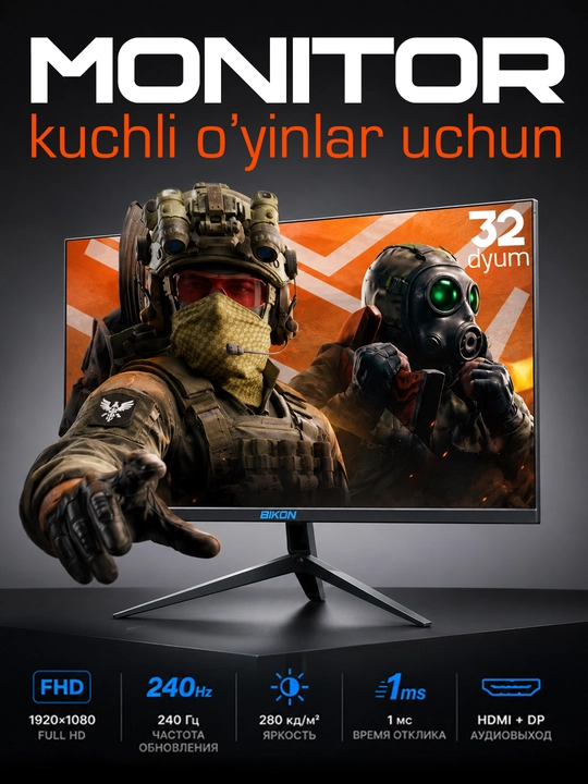 Монитор BIKON 22/24/27 120 Гц, Full HD 32 - 240 Гц, Full HD Для игр, офиса, учёбы и работы
